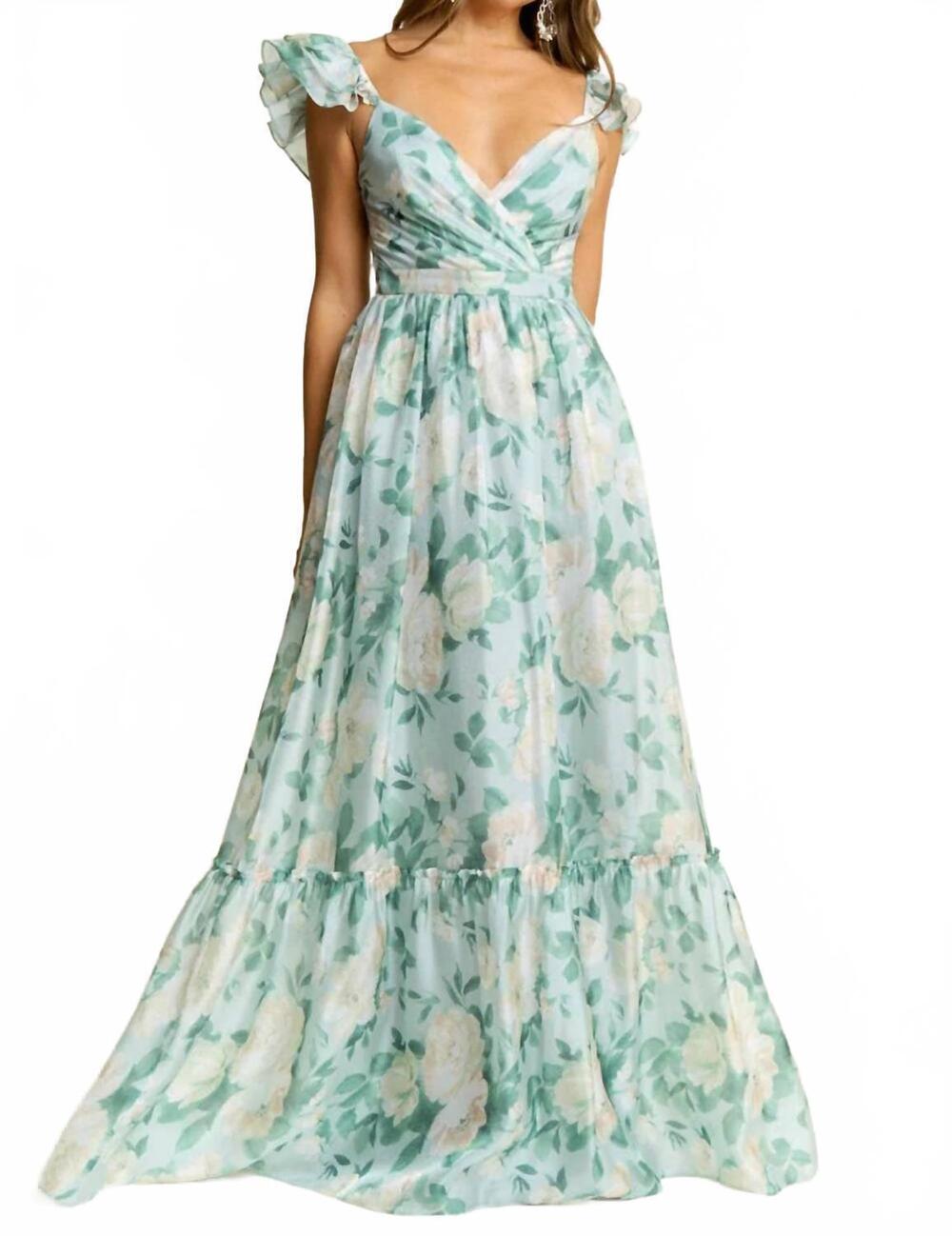 NEW MANIJU flutter sleeve organza print maxi gown in blue